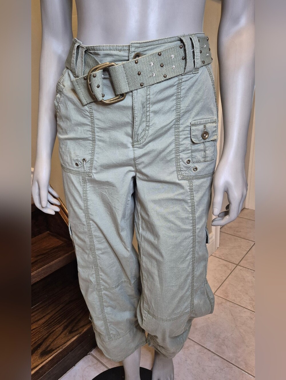 Style & Co. Light Sage Cargo Capris with Studded Web Belt